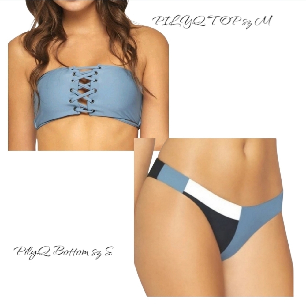 PQ Swim PilyQ Blue Lace Up Bandeau Bikini Set Colorblock Swimsuit S NWT